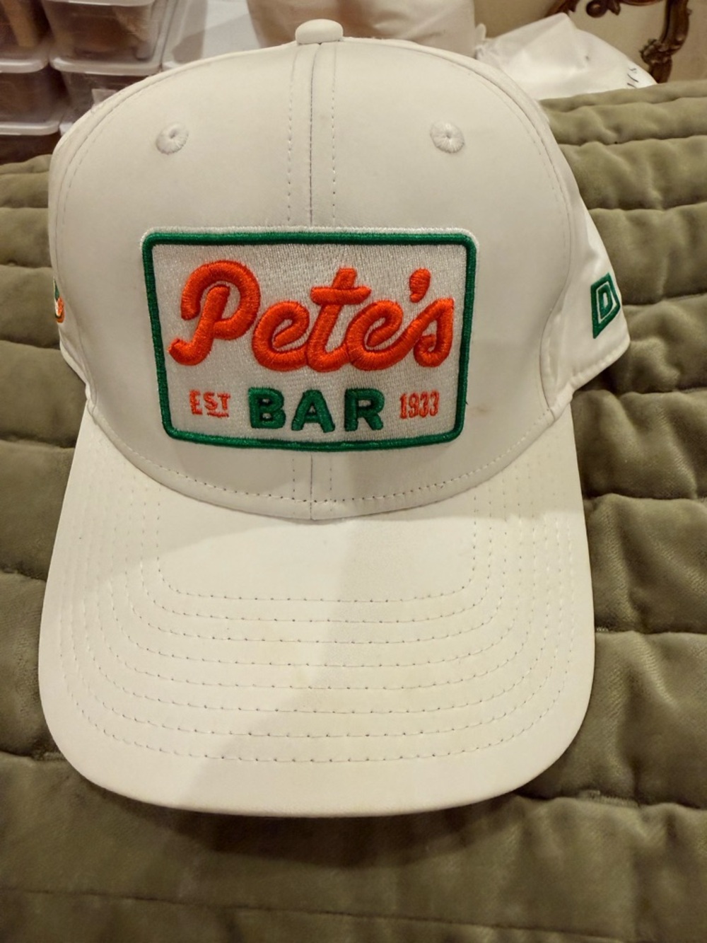 Pete's Bar White Baseball Cap with Orange & Green Embroidery